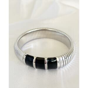 MONET Vintage Stretchy Bangle Bracelet Silver Tone Black Enamel